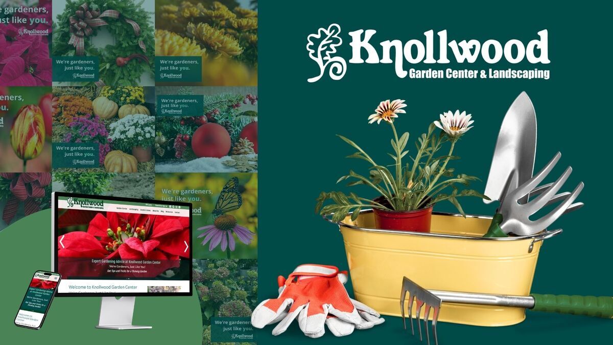 Knollwood Garden Center logo and website with gardening tools